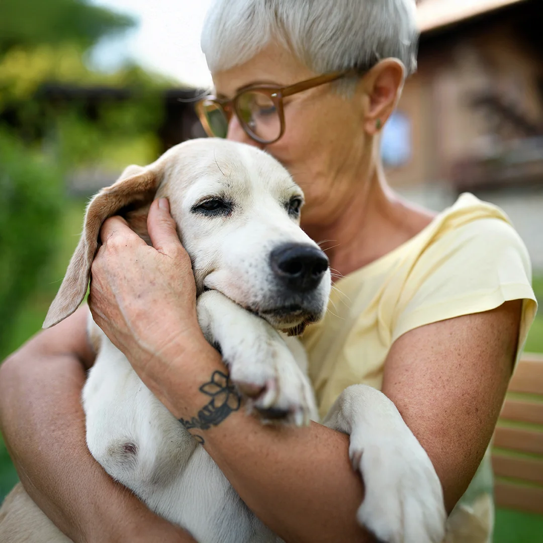 Older woman lovingly hugging a white dog outdoors.