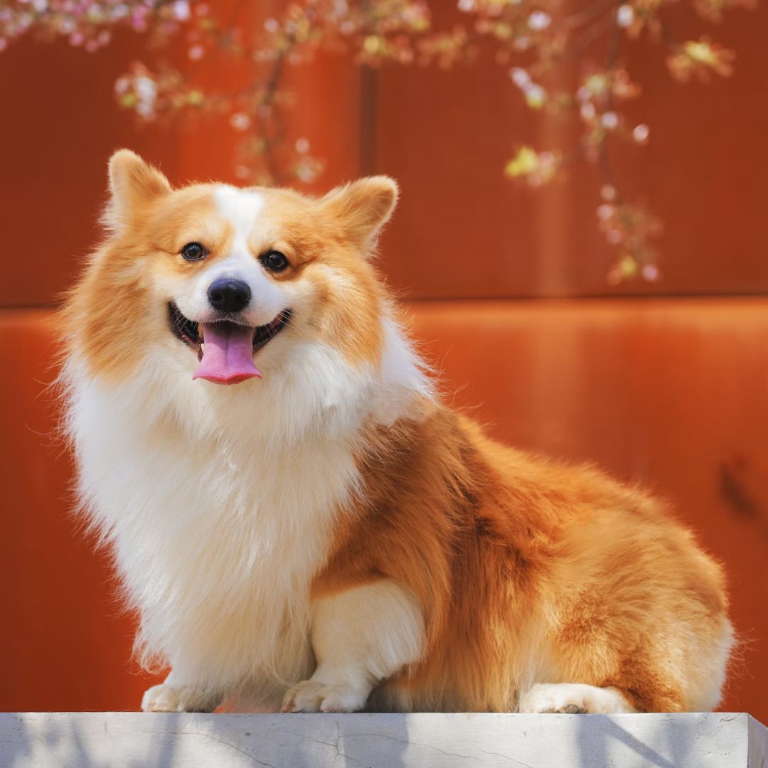 Long coated white and brown dog.