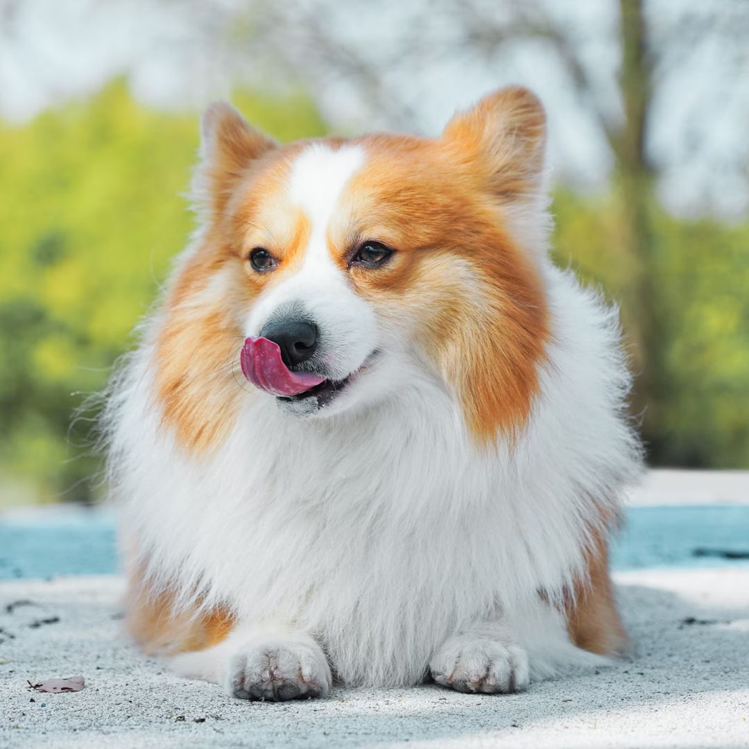 small white and brown dog lying on ground.